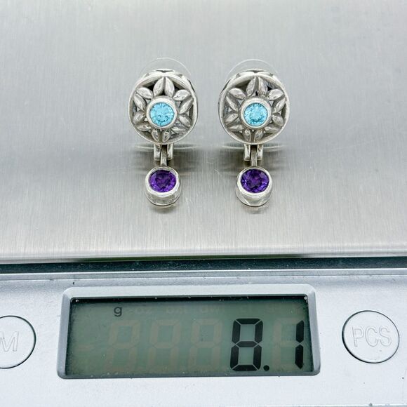 Vintage Sterling Silver 925 Amethyst Blue Crystal Dangle Earrings - Picture 4 of 4